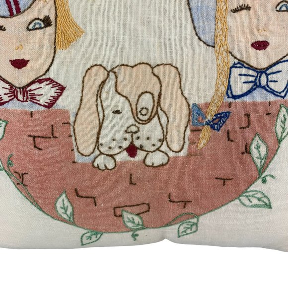 Vtg Hand Embroidered Pillow Children Dog Eating Watermelon Summer Whimsical 14" - Picture 3 of 12